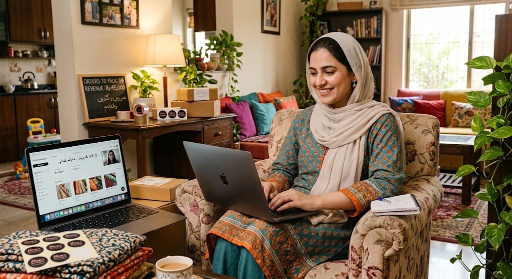 گھریلو خاتون لیپ ٹاپ پر آن لائن کاروبار کرتی ہوئی
