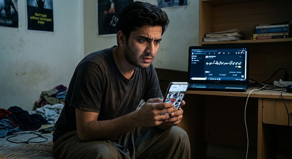 شخص خوفزدہ ہو کر اپنے موبائل کی گیلری چیک کر رہا ہے
