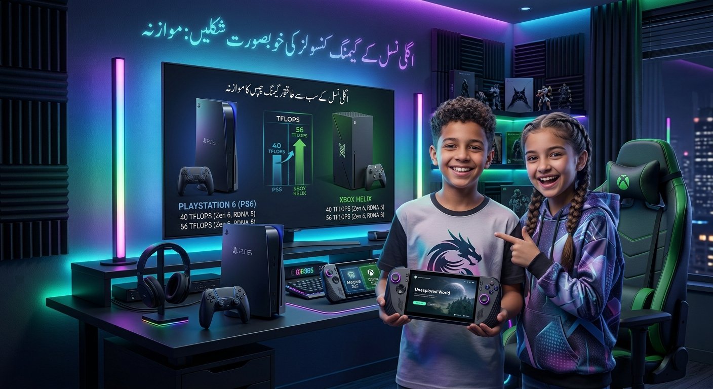 نوجوان لڑکا اور لڑکی نئی گیمنگ کنسول پکڑے ہوئے 2027