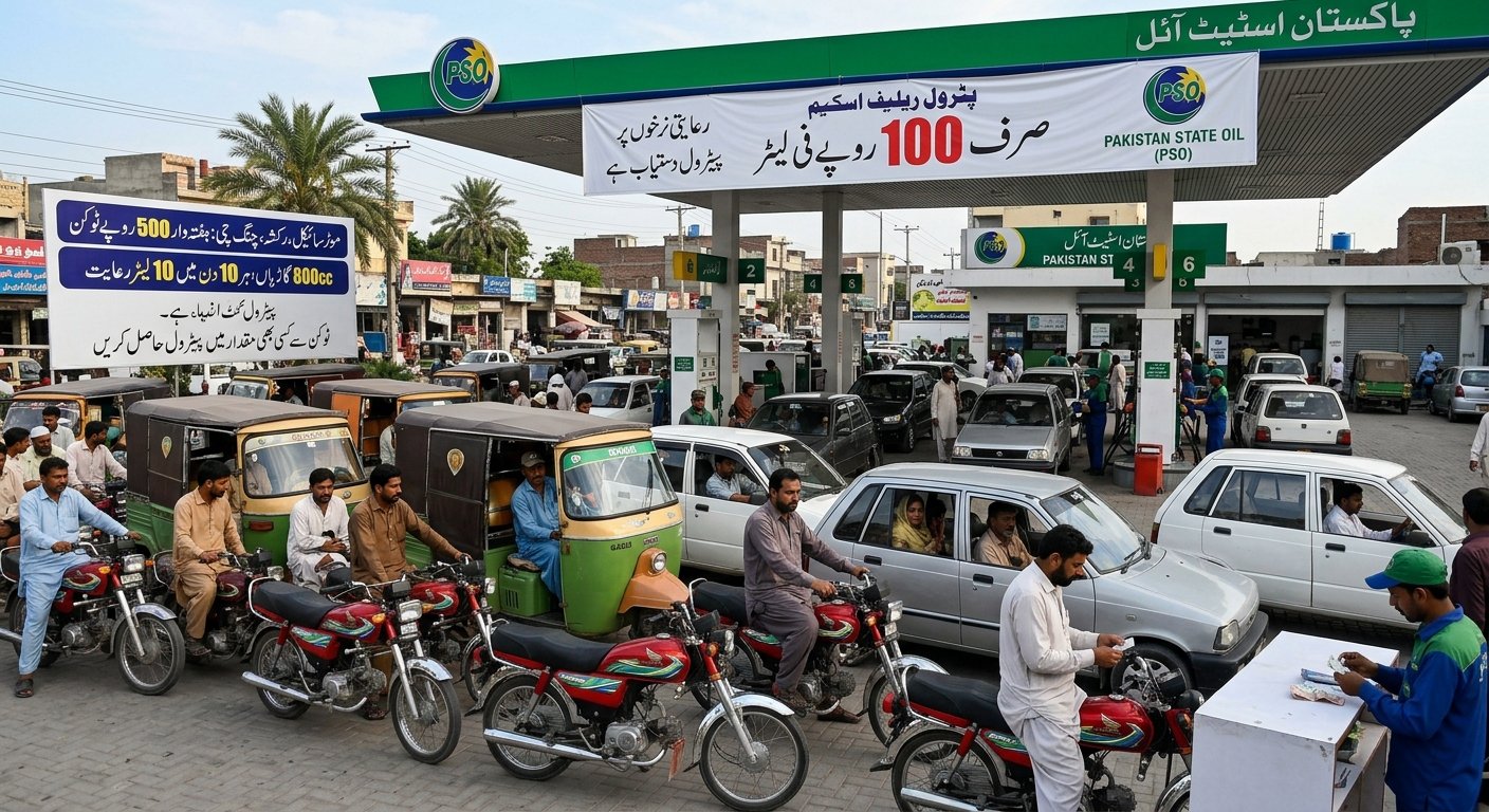 پیٹرول ریلیف اسکیم کے تحت پیٹرول پمپ پر گاڑیوں کی قطار 2026