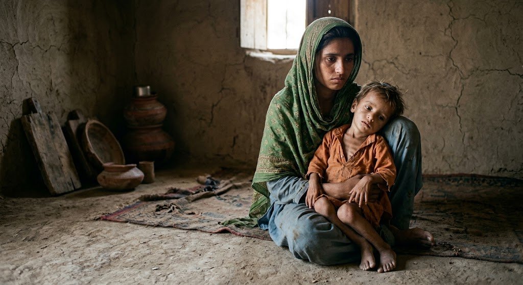 پاکستان میں غذائی قلت کا شکار بچہ اور اس کی ماں