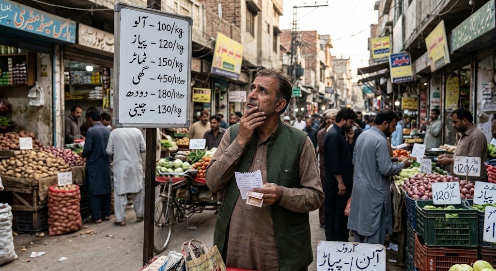مہنگائی سے پریشان عام پاکستانی شہری بازار میں سامان خریدتے ہوئے