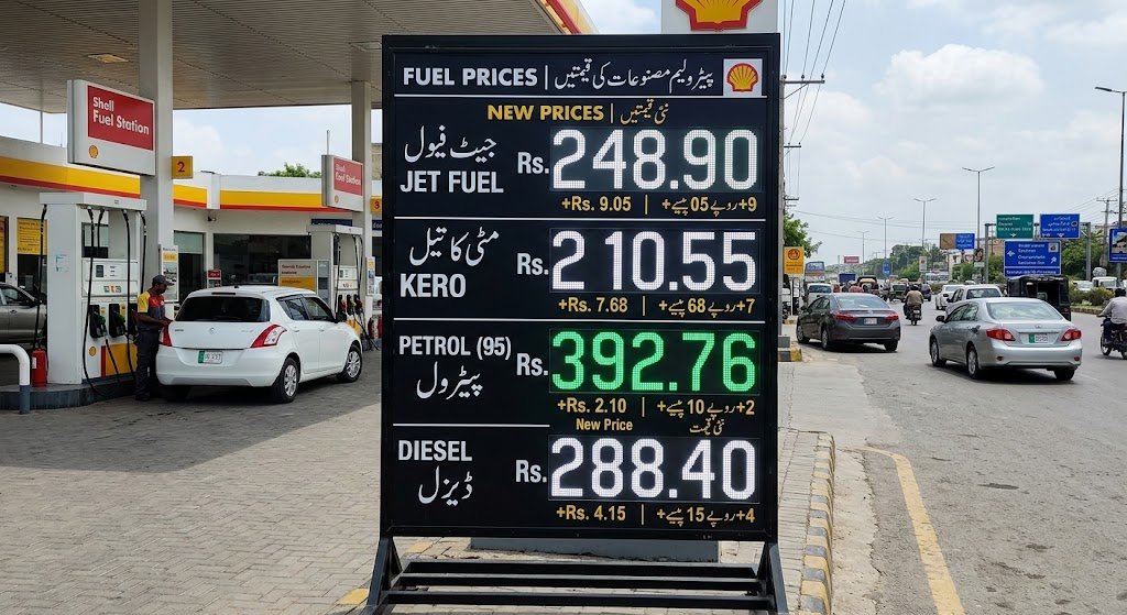 پیٹرول پمپ پر جیٹ فیول، مٹی کا تیل اور پیٹرول کی نئی قیمتوں کی نمائش